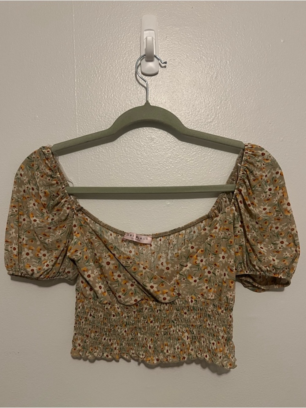 Sage Floral Smocked Puff-Sleeve Crop Top